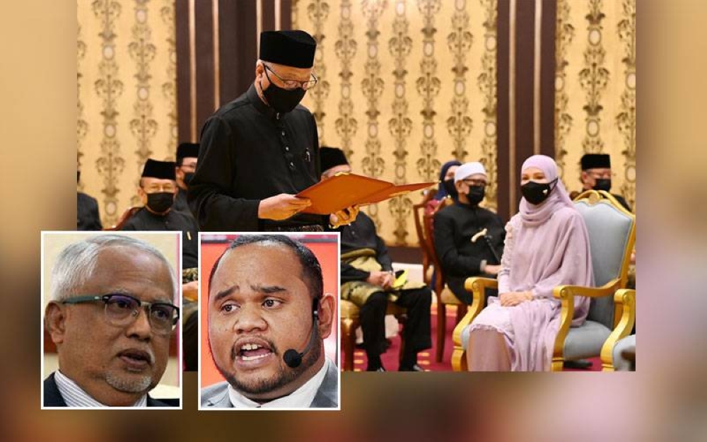 Ismail Sabri Yaakob pada Istiadat Pengurniaan Surat Cara Pelantikan dan Mengangkat Sumpah Jawatan dan Setia serta Sumpah Simpan Rahsia sebagai Perdana Menteri di Istana Negara. Gambar kecil dari kiri: Mahfuz Omar, Ulya Aqamah