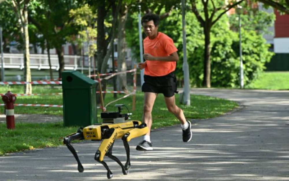 Gambar fail menunjukkan robot Spot digunakan untuk meningkatkan orang ramai tentang penjarakan sosial di Taman Ang Moh Kio- Bishan, Singapura. - Foto AFP