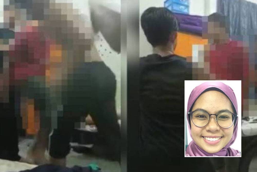 Video yang tular menunjukkan seorang pelajar menumbuk seorang pelajar lain di dalam asrama. (Gambar kecil: Nadiah Syariani)