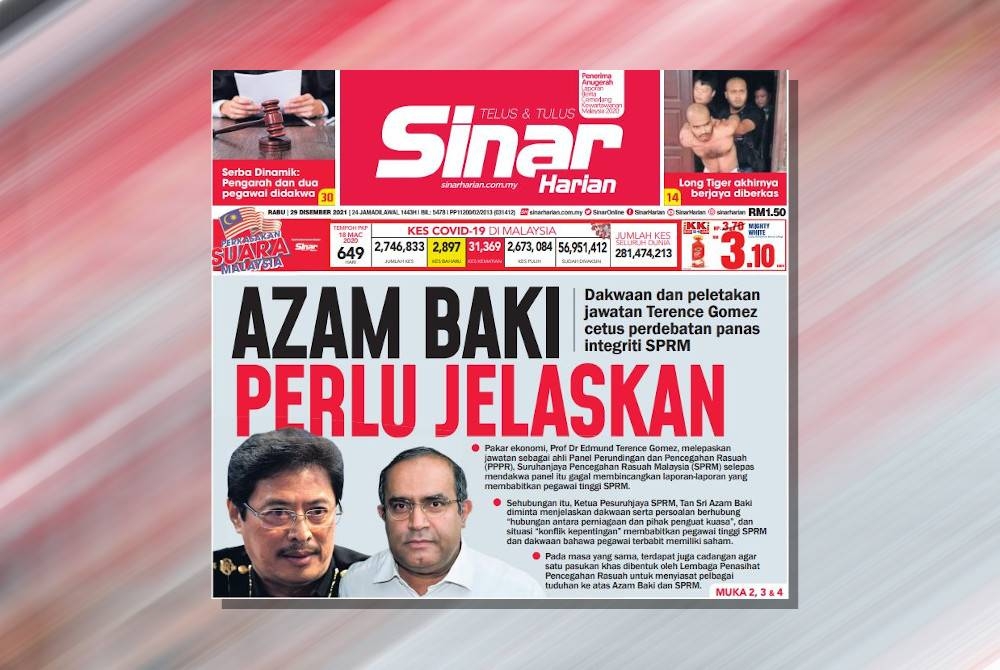 Laporan muka depan Sinar Harian pada 28 Disember.