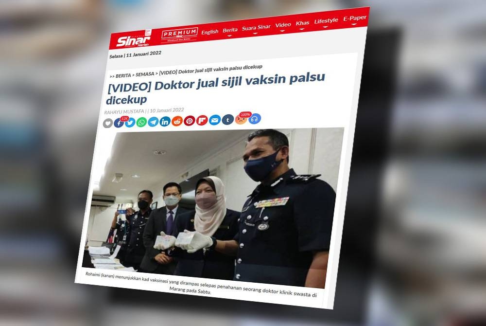 Laporan Sinar Harian mengenai kegiatan seorang doktor ‘antivaksin’ mengeluarkan sijil vaksinasi palsu kepada individu yang tidak mahu disuntik vaksin Covid-19 akhirnya terbongkar selepas dia ditahan sepasukan polis pada Sabtu.