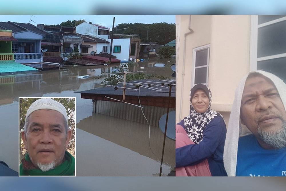 Kelihatan air banjir menenggelamkan sepenuhnya tingkat bawah rumah Ratna. Harani dan isteri juga merupakan antara mangsa banjir buruk di Taman Sri Muda pada 18 Disember tahun lalu. Gambar kecil: Wan Zakari 