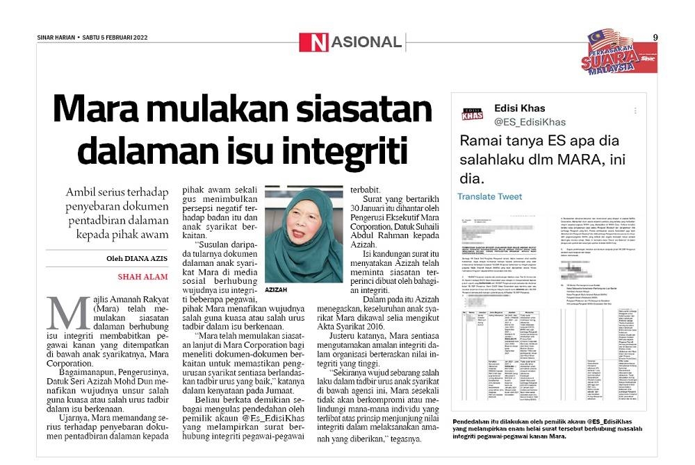 Keratan akhbar Sinar Harian pada Sabtu lalu.