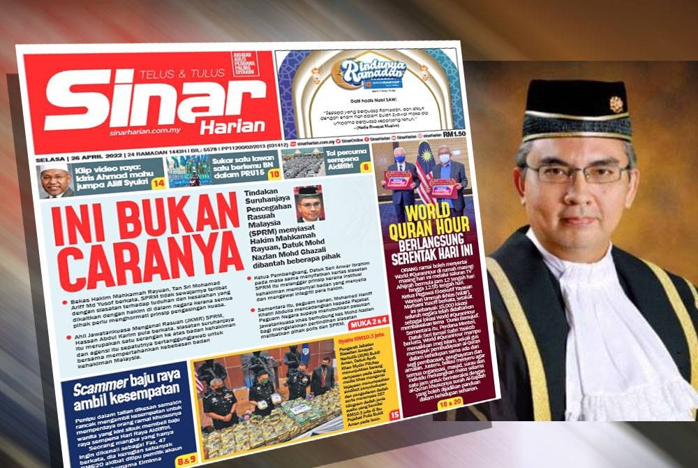 Laporan muka depan akhbar Sinar Harian pada Selasa berhubung tindakan SPRM menyiasat Mohd Nazlan. Gambar kanan: Mohd Nazlan