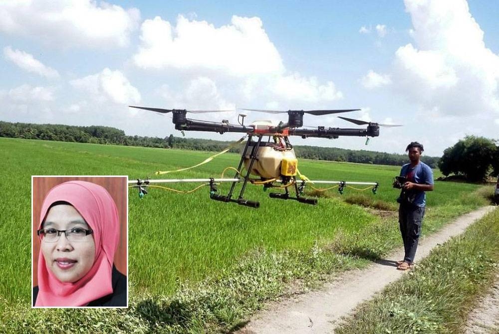 Adaptasi teknologi dron dalam bidang pertanian adalah salah satu cara untuk menarik minat anak muda. - Foto Bernama, gambar kecil: Profesor Madya Dr Nur Azura Adam