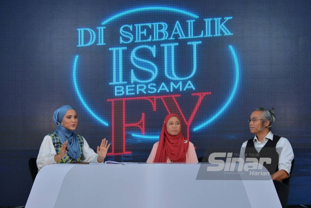 Program Di Sebalik Isu Bersama FY bertajuk 'Mansuh Hukuman Sebat, Penjenayah Hela Nafas Lega?' menampilkan Noor Aishah (tengah); Fahri (kanan) dan Mohd Nuri (secara dalam talian) yang berlangsung di Kompleks Kumpulan Karangkraf pada Jumaat. - Foto Sinar Harian / MOHD HALIM ABDUL WAHID.