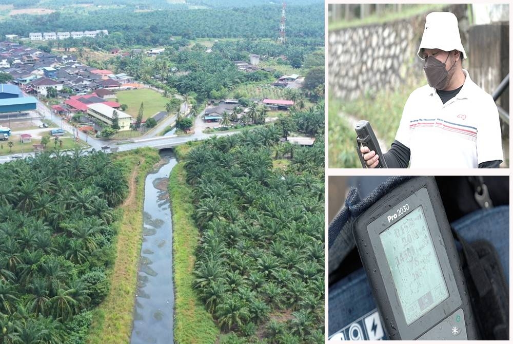 Pemandangan Sungai Rambai yang tercemar dari udara. (Gambar kanan atas : Dr Zaki melihat bacaan kandungan oksigen di dalam Sungai Rambai.) (Gambar kanan bawah ) Ujian kandungan oksigen mendapati ia semakin berkurangan, menghampiri lokasi mengalirnya air berwarna merah.