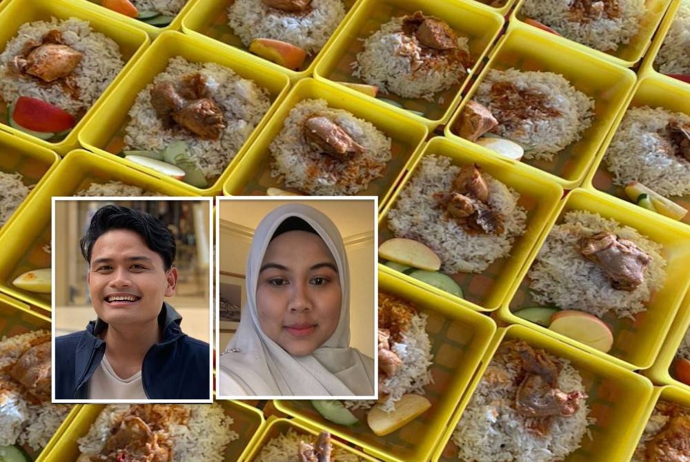 Nasi putih bersama kari ayam, hirisan timun dan sepotong epal merah. Gambar kecil: Muhamad Alif dan Nurul Iziaty