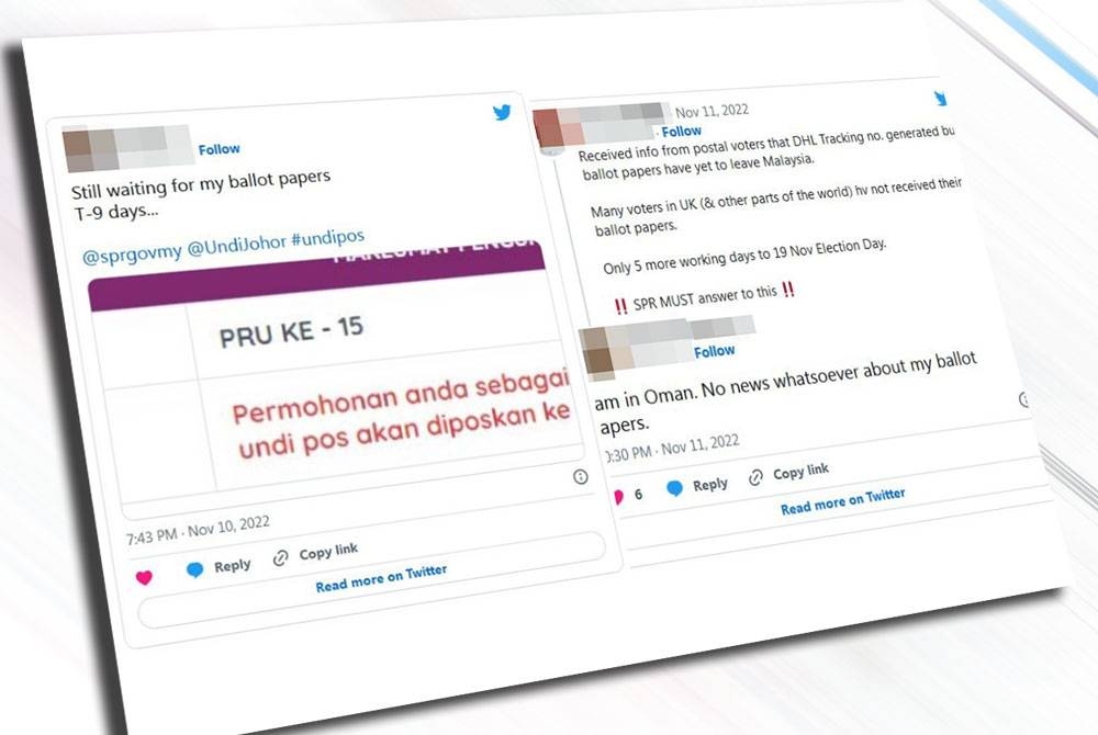 Tangkap layar Twitter salah seorang pengundi yang berada di luar negara yang masih menanti sampul undi posnya.
