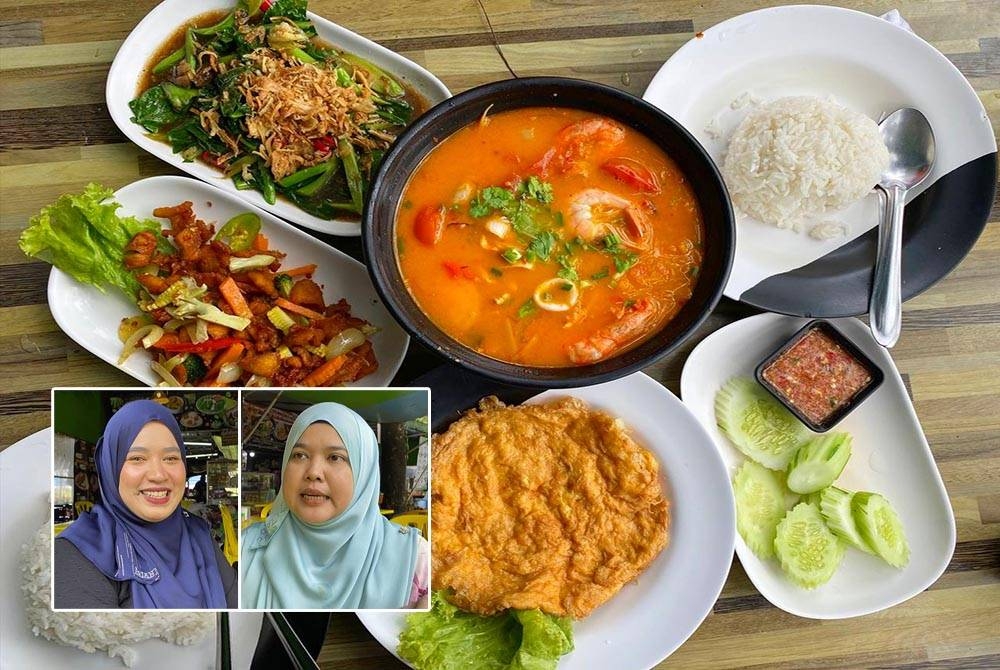 Hidangan tomyam campur berharga RM10, sayur kailan ikan masin (RM8), ayam goreng kunyit (RM8) dan telur dadar (RM2) yang boleh dinikmati di pekan Golok.