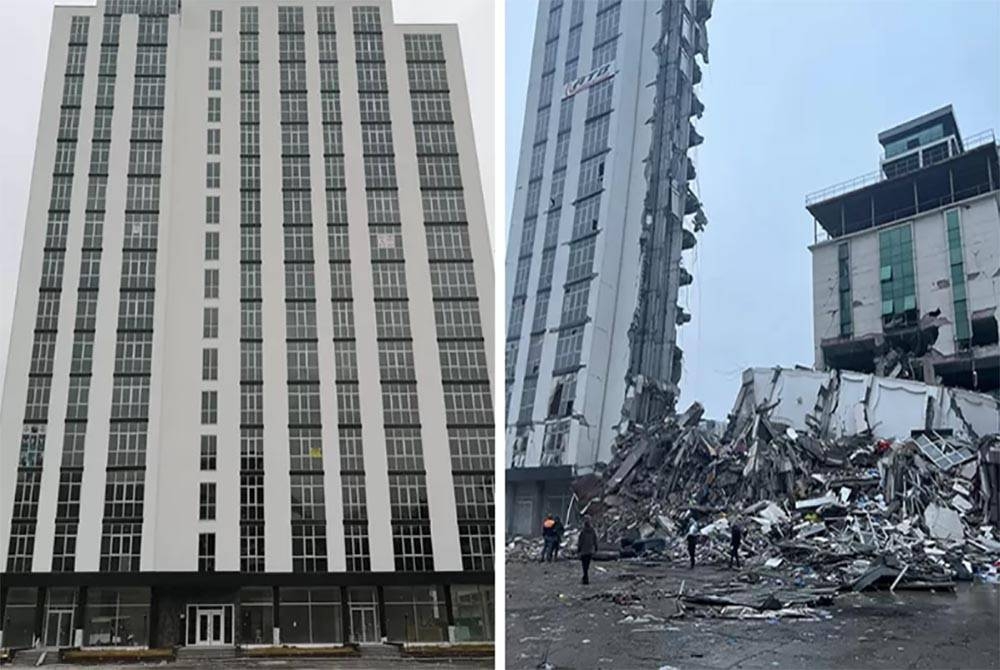 Gambar sebelum dan selepas sebuah blok apartment di Iskenderun yang runtuh setelah kejadian gempa pada awal minggu lalu.