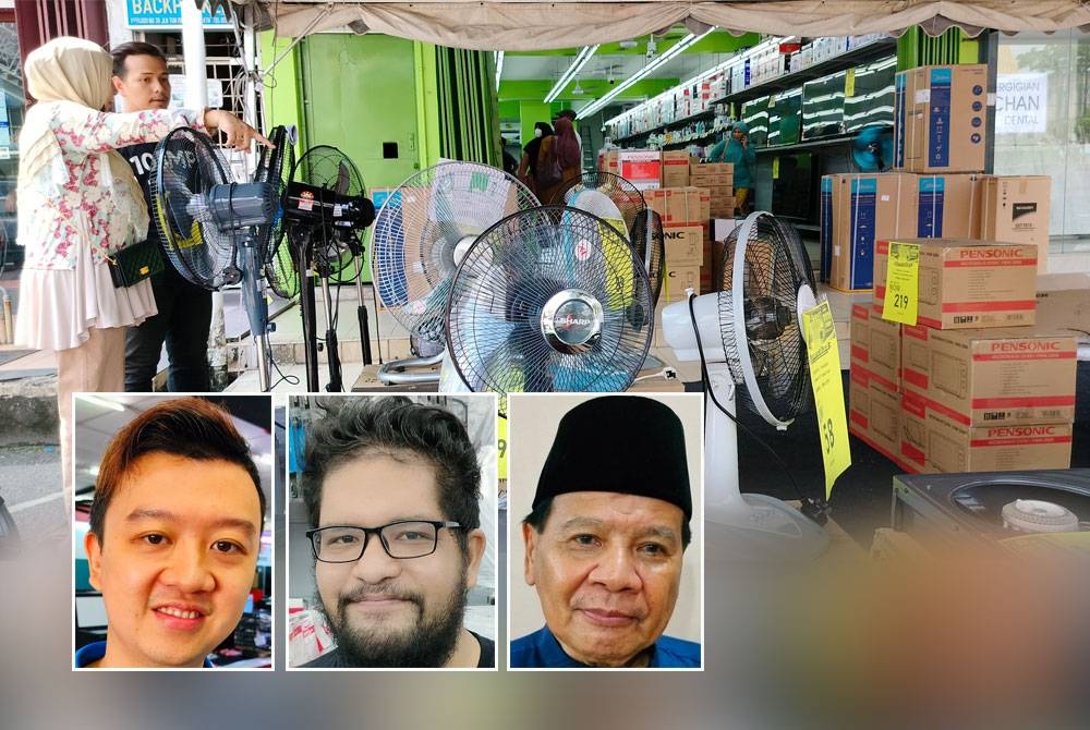 Kipas angin dan penyaman udara antara barangan di kedai peralatan eletrik yang mendapat permintaan tinggi pengguna dalam situasi cuaca panas ketika ini. Gambar kecil dari kiri: Johnson You, Umar, Rohidin