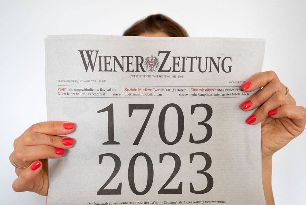 Wiener Zeitung menerbitkan editorial khas pada muka hadapannya bertajuk &#039;1703-2023&#039; pada edisi cetak terakhirnya pada Khamis.