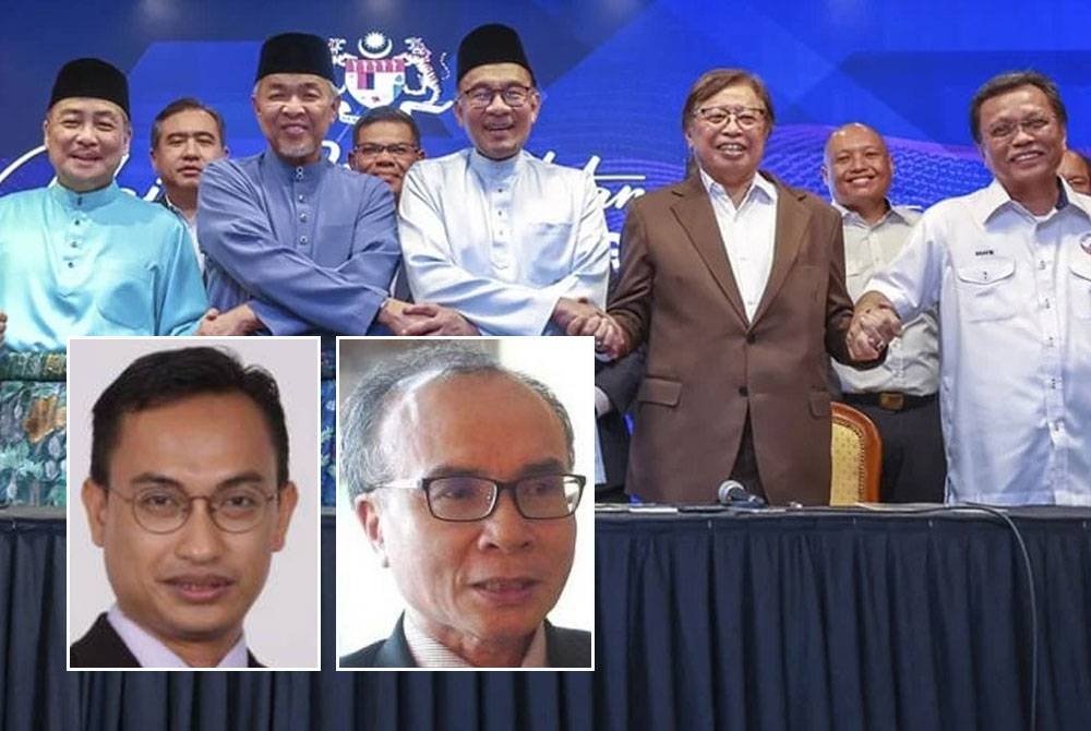 Pakatan Harapan (PH), Barisan Nasional (BN), Gabungan Rakyat Sabah (GRS), Gabungan Parti Sarawak (GPS) dan beberapa parti lain membentuk Kerajaan Perpaduan diketuai Anwar. Gambar kecil dari kiri: Mohammad Tawfik, Jeniri