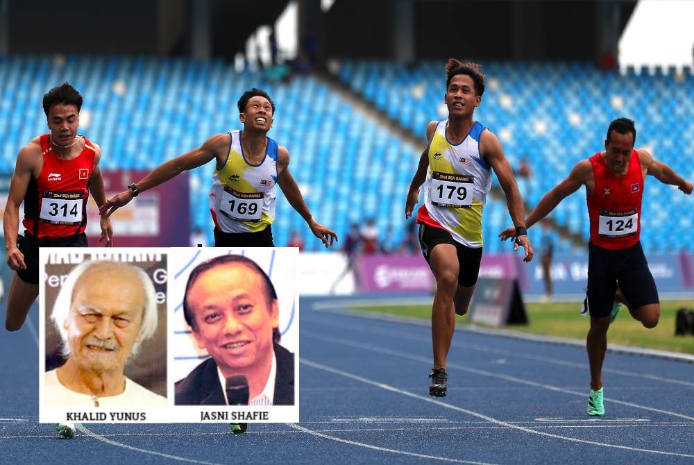 Atlet pecut negara, Muhammad Haiqal Hanafi (dua dari kanan) dan Khairul Hafiz Jantan (dua dari kiri) ketika beraksi dalam acara 100 meter Sukan SEA Kemboja baru-baru ini. - Foto Bernama