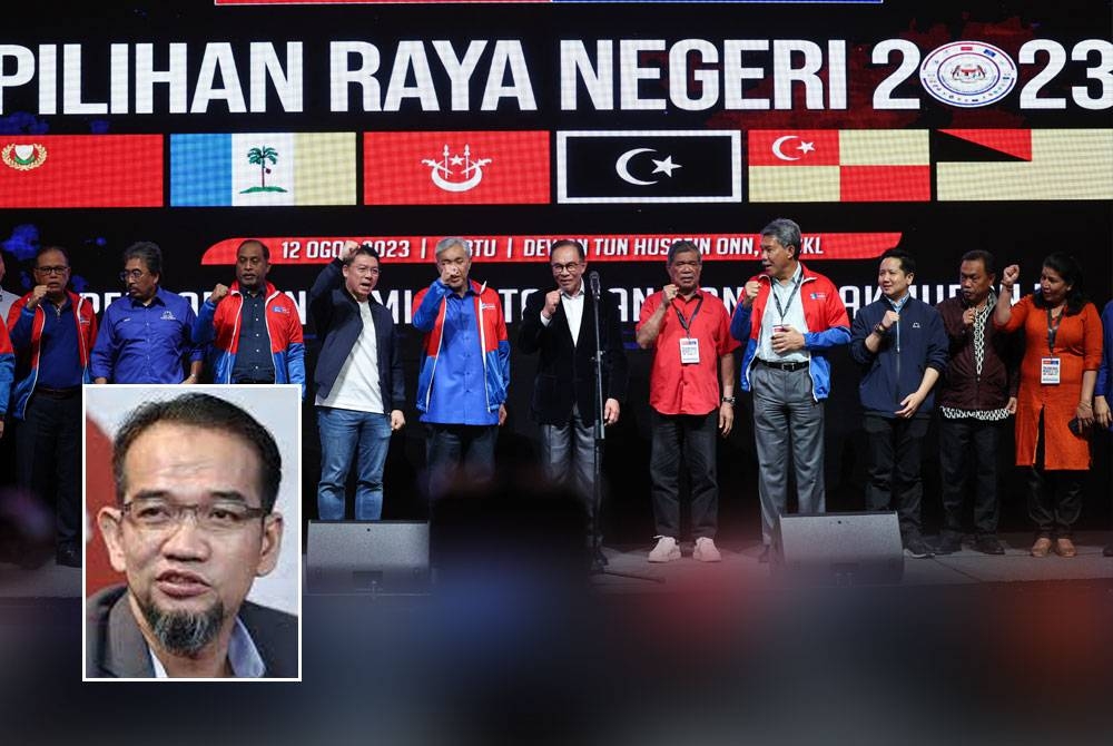 Perdana Menteri, Datuk Seri Anwar Ibrahim bersama barisan pemimpin tertinggi Kerajaan Perpaduan ketika Sesi Keputusan PRN enam negeri dan PRK Kuala Terengganu di Pusat Dagangan Dunia (WTC) Kuala Lumpur pada Sabtu. Gambar kecil: Noor Nirwandy