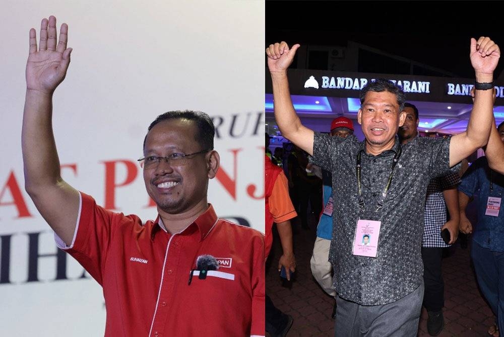 Suhaizan (kiri) dan Nazri (kanan) meraikan kemenangan masing-masing pada pilihan raya kecil (PRK) kerusi Parlimen Pulai dan DUN Simpang Jeram pada Sabtu.