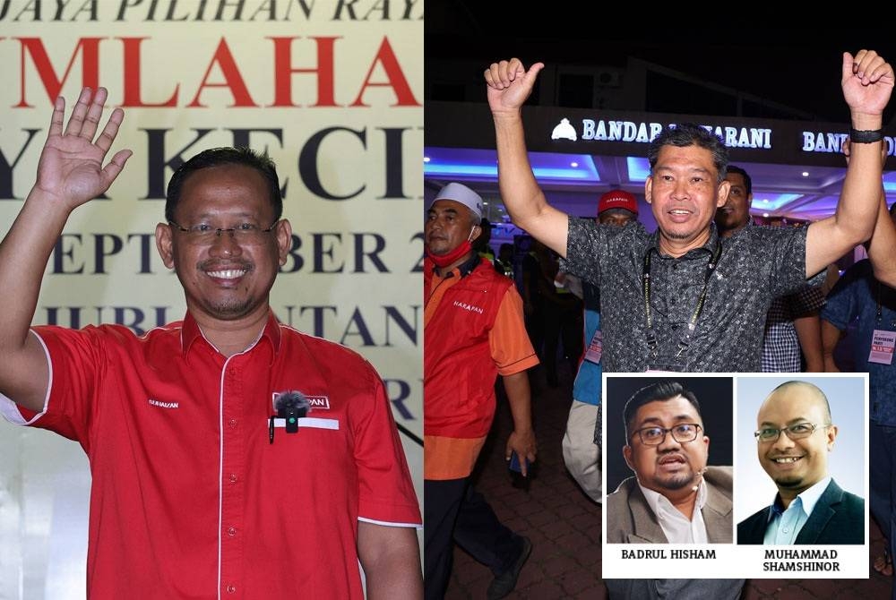 Suhaizan (kiri) dan Nazri meraikan kemenangan pada PRK Parlimen Pulai dan DUN Simpang Jeram pada Sabtu. - Foto Bernama (Gambar kecil: Badrul Hisham, Muhammad Shamshinor)