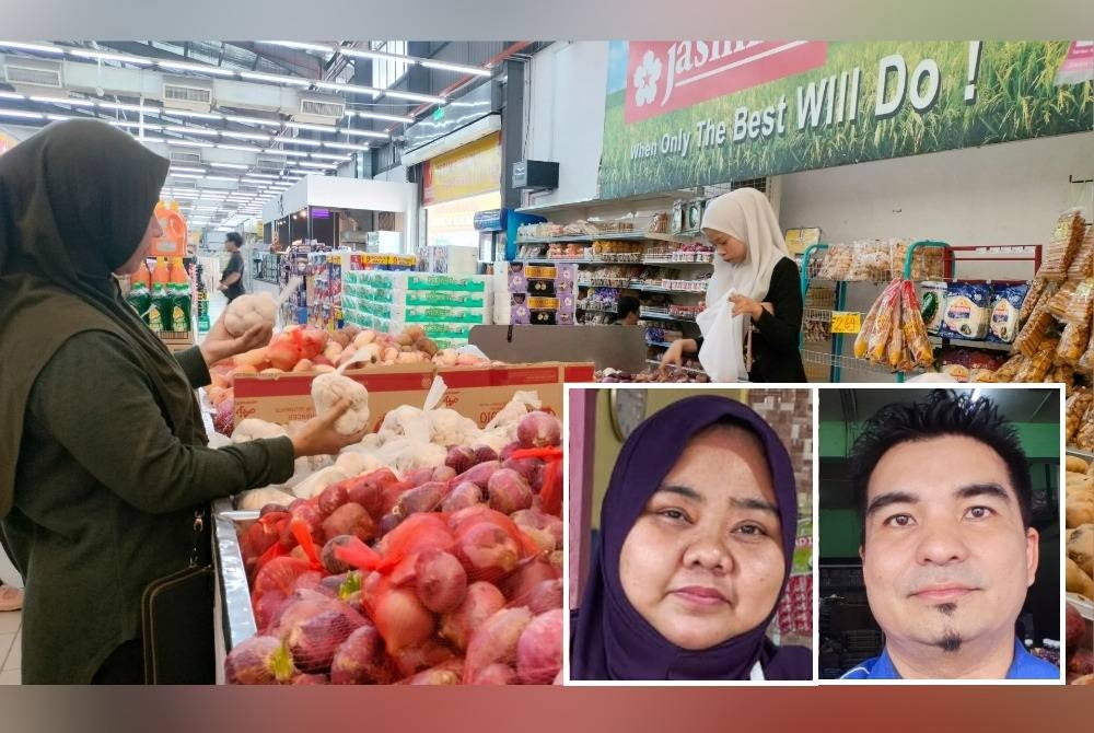 Pengguna mengakui terbeban dengan kenaikan barang keperluan seperti bawang merah, bawang putih dan cili kering. Gambar kecil: Noor Azliha dan Mohamad Yusrizal