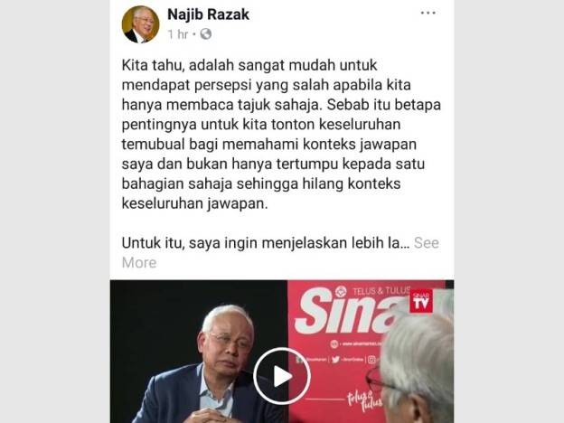 Penjelasan Najib di Facebookny.