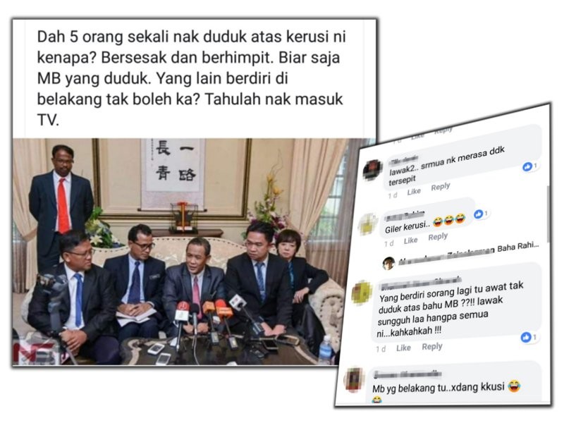 Gambar Aminuddin yang menunjukkan beliau terpaksa duduk berhimpit. ( bawah, kanan ) Kenyataan netizen di Facebook berhubung gambar Aminuddin seperti tersepit di tengah-tengah ketika sidang media, baru-baru ini.
