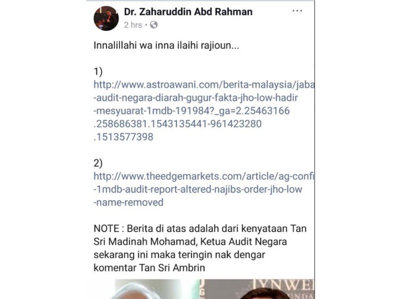 Perkongsian Zaharuddin di Facebooknya.