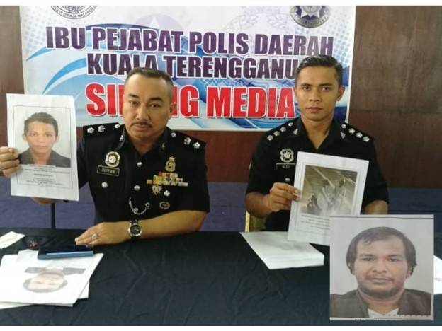 Suffian (kiri) menunjukkan gambar suspek yang diburu kerana disyaki aktif dalam kegiatan mencuri motosikal, manakala Pegawai Penyiasat Kanan, Jabatan Siasatan Jenayah Ibu Pejabat Polis Daerah (IPD) Kuala Terengganu, Asisten Superintendan Mohd Nazri Mohd Yusof menunjukkan gambar yang dirakam dalam CCTV di kawasan berhampiran.
