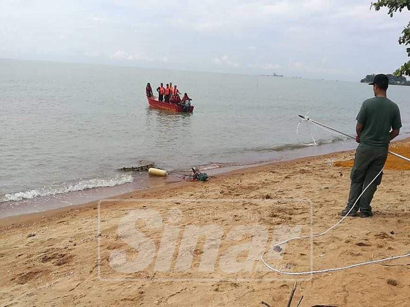 Seekor buaya yang tersangkut di pukat rawai diselamatkan anggota bomba dan Jabatan Perhilitan Melaka di Kampung Tengah, Kuala Sungai Baru, hari ini.