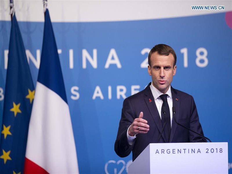 Presiden Perancis, Emmanuel Macron berucap di sidang kemuncak G20 di Buenos Aires, Argentina, semalam. - Foto Xinhua