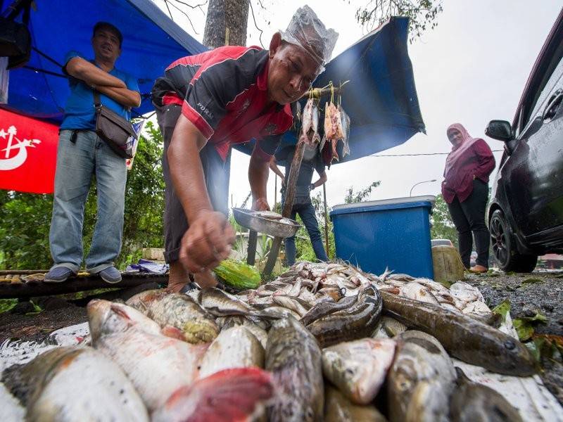 Nazita menjual ikan darat atau ikan air tawar menjelang musim tengkujuh di gerainya di Jalan Pasir Mas Rantau Panjang hari ini. - Foto Bernama