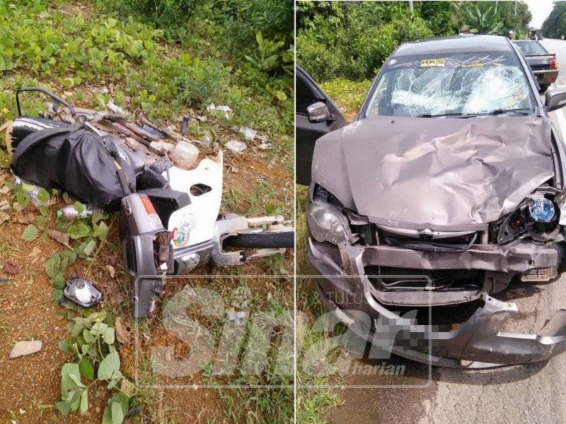 Motosikal yang dinaiki ketiga-tiga mangsa rosak teruk selepas berlanggar dengan sebuah kereta di Kampung Padang Licin.