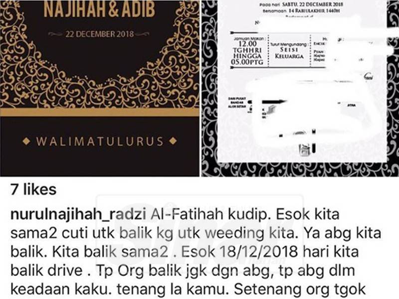 Catatan tunang Muhammad Adib di laman Instagram miliknya.