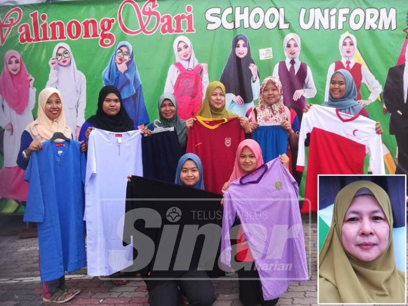 Rosnani (tengah, belakang) menunjukkan sebahagian produk pakaian sekolah, muslimah dan tudung dihasilkan premisnya di Pusat Bandar Bagan Serai dengan sokongan seorang rakan kongsi perniagaan. (Gambar kecil: Rosnani)