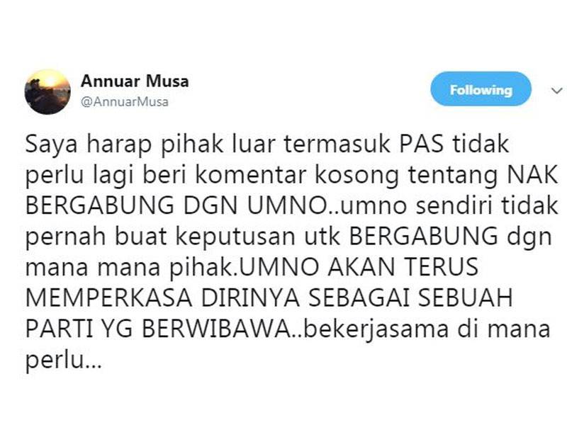 Paparan skrin ciapan Annuar di laman mikro Twitternya hari ini.