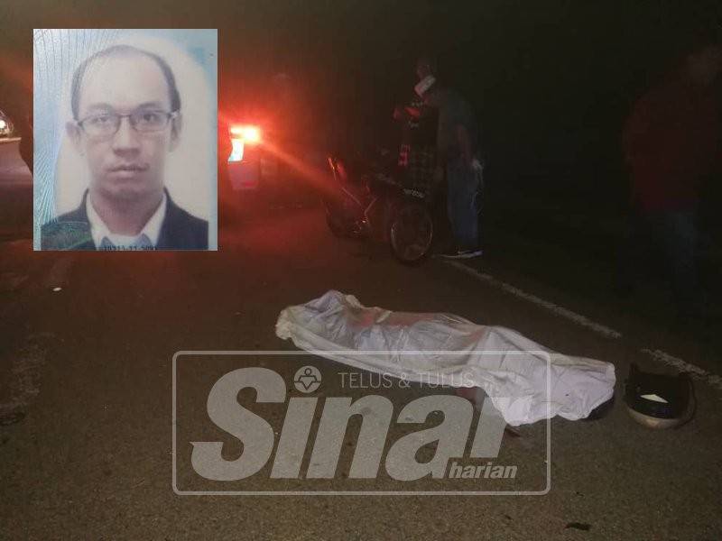 Mangsa meninggal dunia di lokasi kejadian selepas melanggar seekor kerbau. (Gambar kecil:Mohd Jafri Mohd Kassim) 