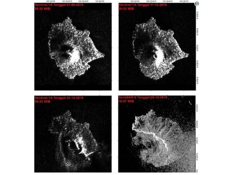 Kombinasi gambar menunjukkan keadaan Anak Krakatau yang semakin 'hilang' selepas aktivitinya meningkat sejak akhir-akhir ini. 