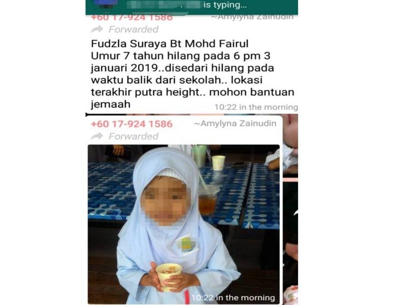 Mesej tular mengenai kehilangan murid tahun satu di Putra Heights, petang semalam.