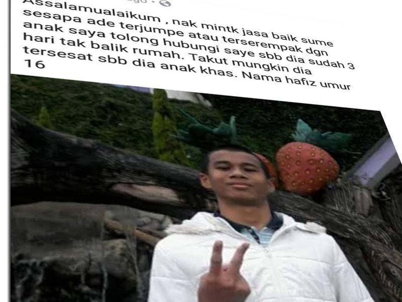 Mariani memuat naik kejadian kehilangan anaknya itu di laman Facebook.