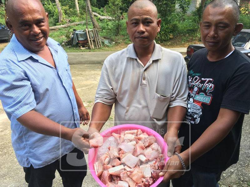 Omar (kiri), Tun Samad (tengah) dan Abu Bakar menunjukkan sebahagian daripada hasil tangkapan yang bakal dijamu kepada saudara-mara pada majlis kesyukuran dalam masa terdekat ini.