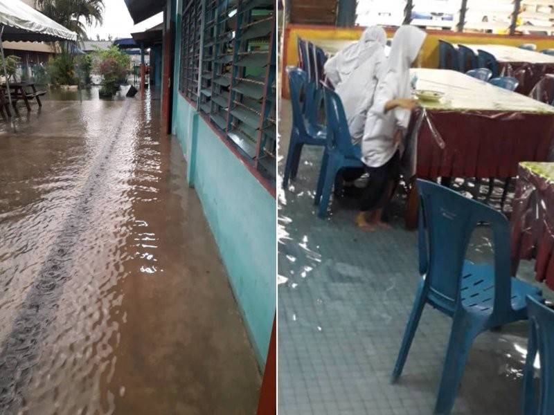 Gambar kiri: Longkang dan koridor menuju ke kantin sekolah dipenuhi air. Gambar kanan: Gambar yang disebarkan menunjukkan keadaan kawasan kantin SK Padang Midin yang dinaiki air akibat banjir kilat, pagi tadi.