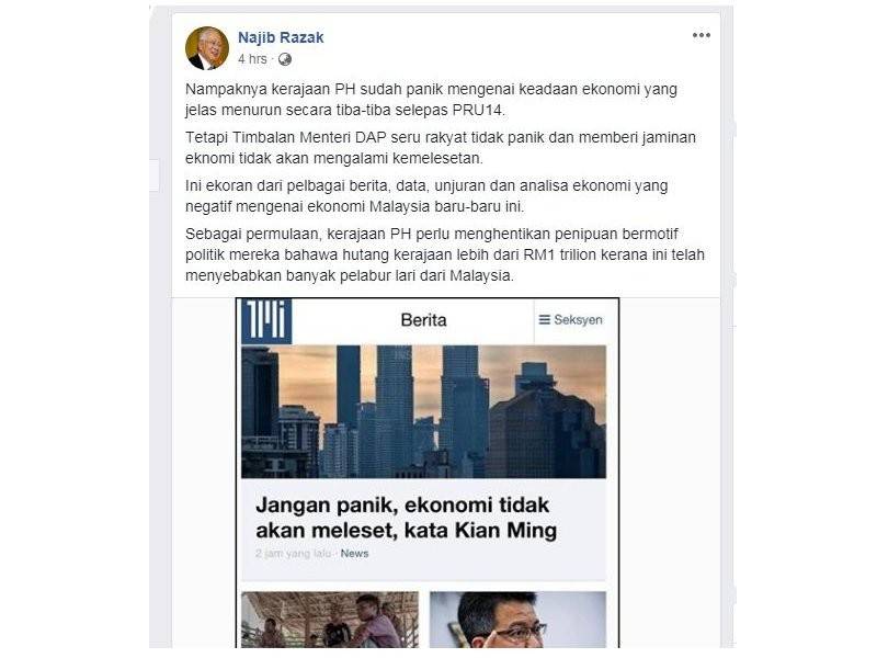 Paparan skrin perkongsian Najib di laman Facebooknya, hari ini. 