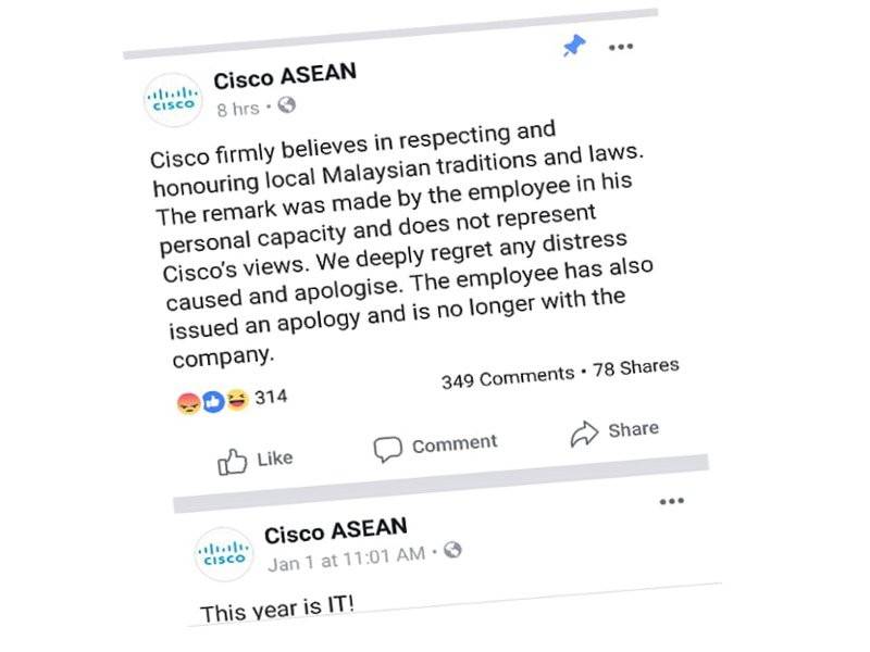 Kenyataan Cisco Asean yang dikeluarkan menerusi platform rasmi Facebook mereka. 