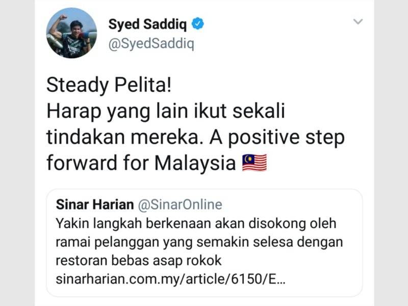 Syed Saddiq berharap agar lebih ramai pengusaha kedai makan mengikut langkah dilakukan Restoran Pelita untuk menghentikan jualan rokok di premis masing-masing.