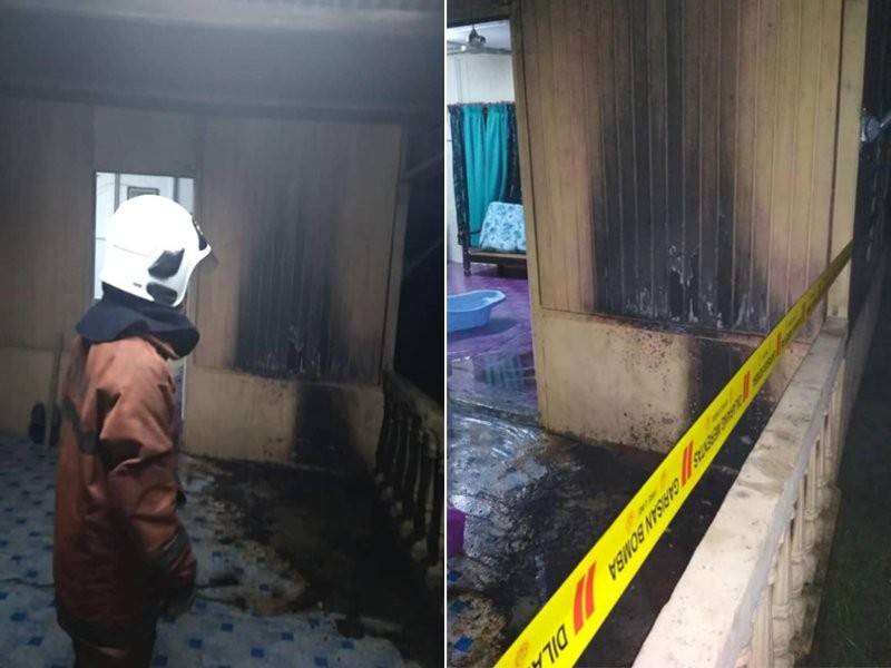 Dinding rumah mangsa terbakar dipercayai akibat perbuatan khianat. - Foto BBP Sungai Pinang