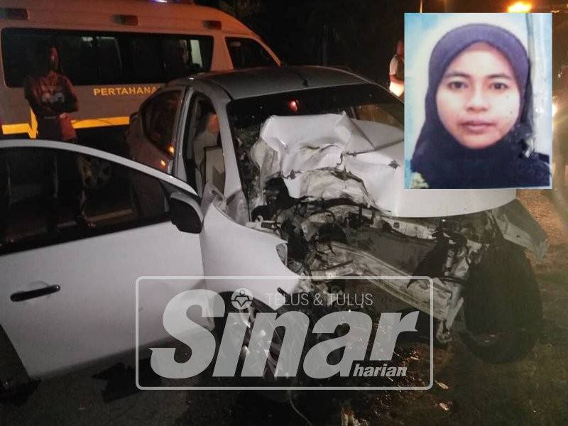 Keadaan kereta dinaiki mangsa selepas merempuh sebatang pokok di Kelulut, pagi tadi. (Gambar kecil:Kamarul Hayati Mohd Yusoff)