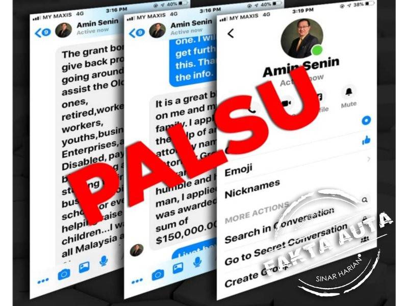 Akaun palsu 'Facebook Messenger' yang menyebarkan maklumat tentang geran AS$150,000.