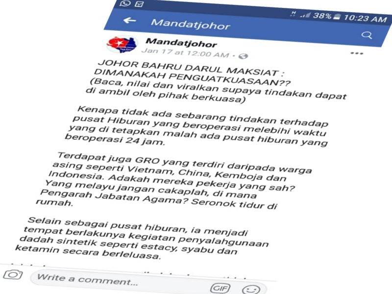 Tular di laman sosial yang bertajuk Johor Bahru Darul Maksiat.