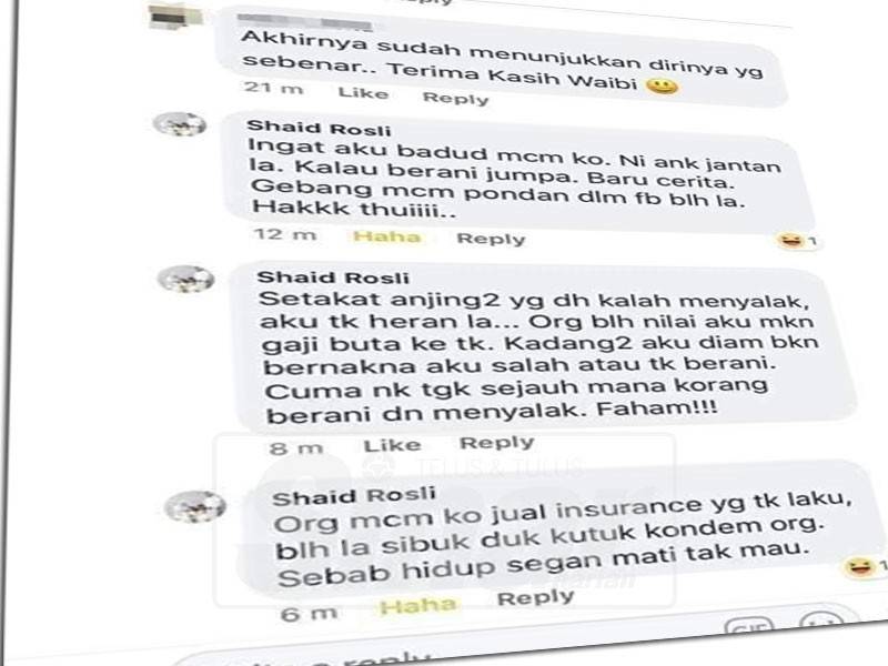 Petikan 'pergaduhan' dalam ruangan komen pada akaun yang tertera nama Shaid Rosli tular di media sosial, baru-baru ini.
