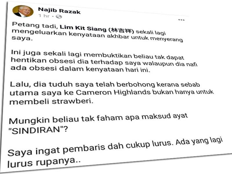 Hantaran Najib di Facebook menyindir Kit Siang.