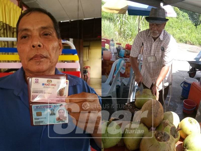 Mohd Shafie menunjukkan kadnya sebagai penerima bantuan JKM. (Gambar kanan: Walaupun bertongkat, Hariffin masih mampu mencari rezeki bagi menampung kehidupannya.)